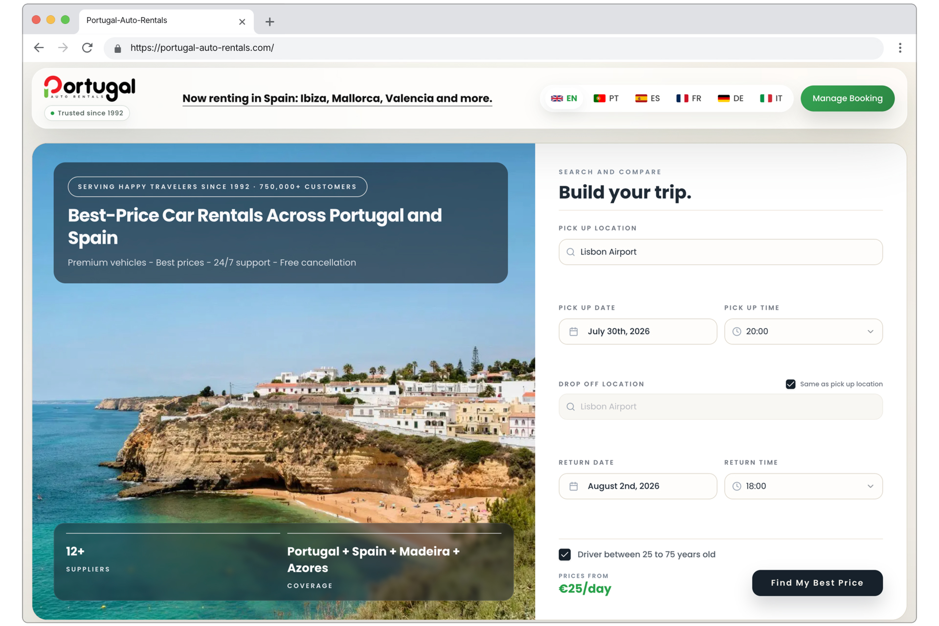 Portugal Auto Rentals website